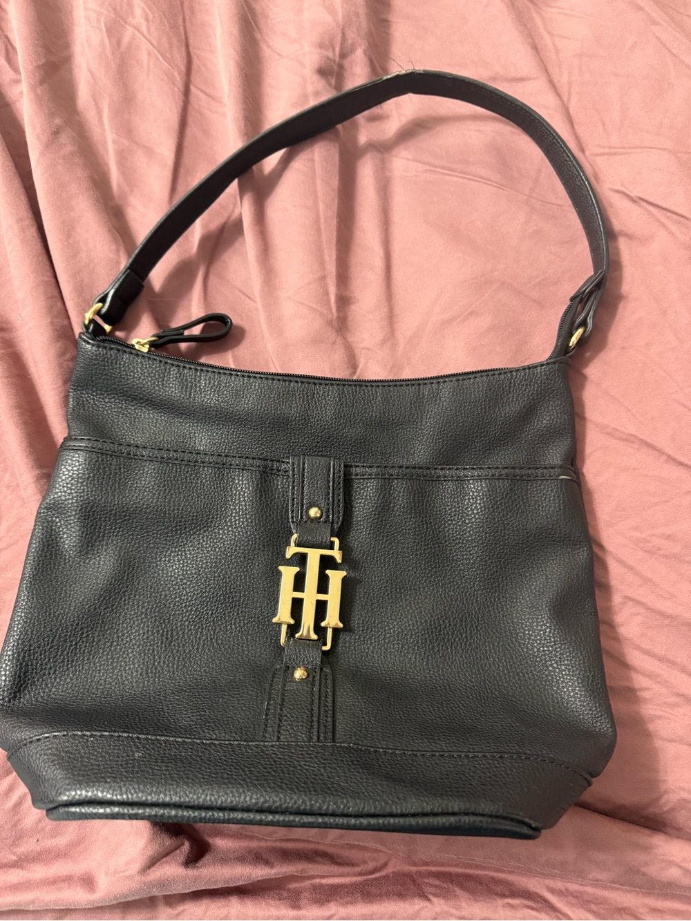 Tommy Hilfiger Black Leather Shoulder Bag with Gold TH Logo
